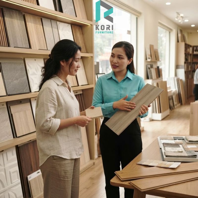 Khách hàng lựa chọn mẫu tấm nhựa ốp tường tại showroom