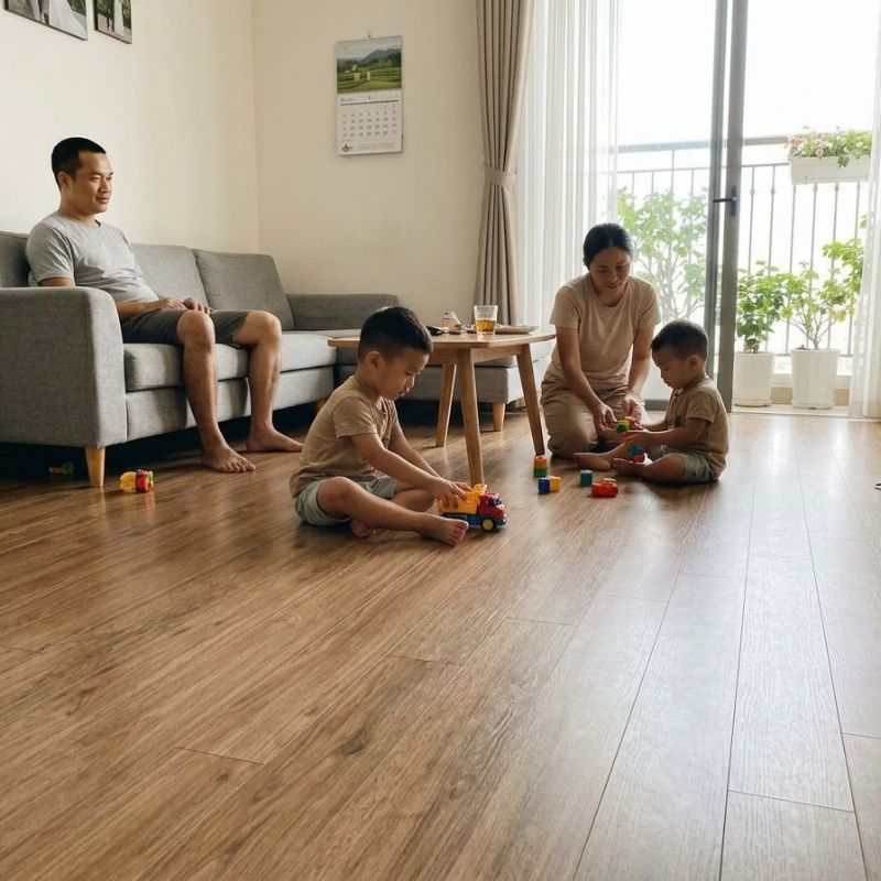 Sàn gỗ công nghiệp sử dụng trong gia đình có trẻ nhỏ