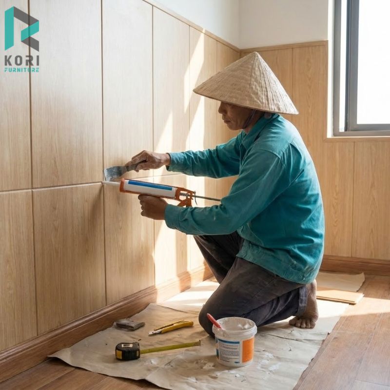 Thợ thi công căn Chỉnh và xử lý mối nối tấm nhựa ốp tường